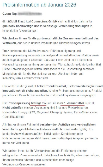 史陶比尔电气连接器有限公司2026年涨价通知