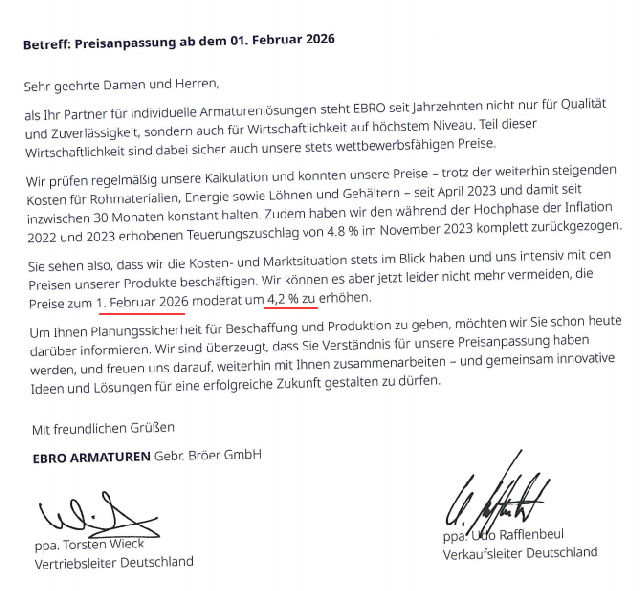 EBRO ARMATUREN 2026年价格上调通知
